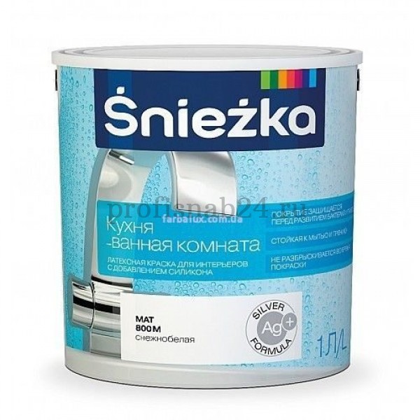 Краска для кухни и ванной "Снежка" Sniezka "Кухня-ванная" латексная, матовая (белая, база С) 0,9л