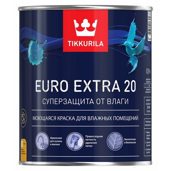 Краска для кухни и ванной "Тиккурила" Tikkurila EURO 20 Extra моющаяся, полуматовая (белая, база А) 0,9л