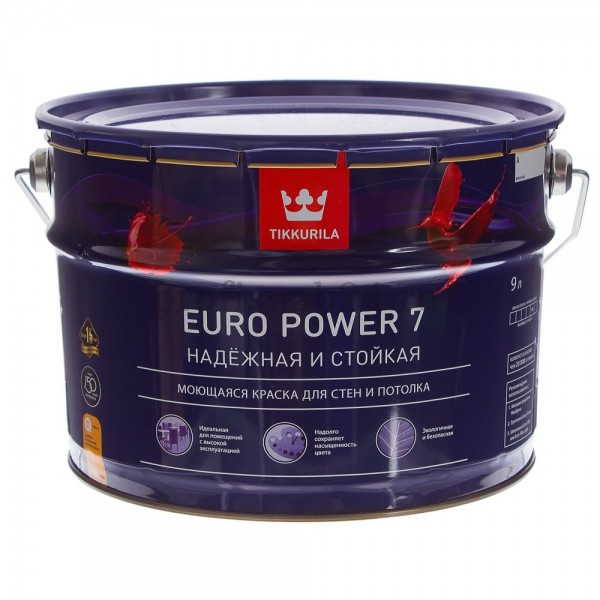 Краска для стен и потолков "Тиккурила" Tikkurila EURO 7 Power моющаяся, матовая (белая, база А) 9л