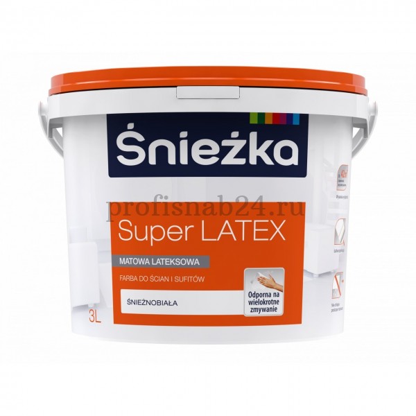 Краска для стен и потолков "Снежка" Sniezka Super Latex полиакриловая, моющаяся, матовая (белая) 2,82л